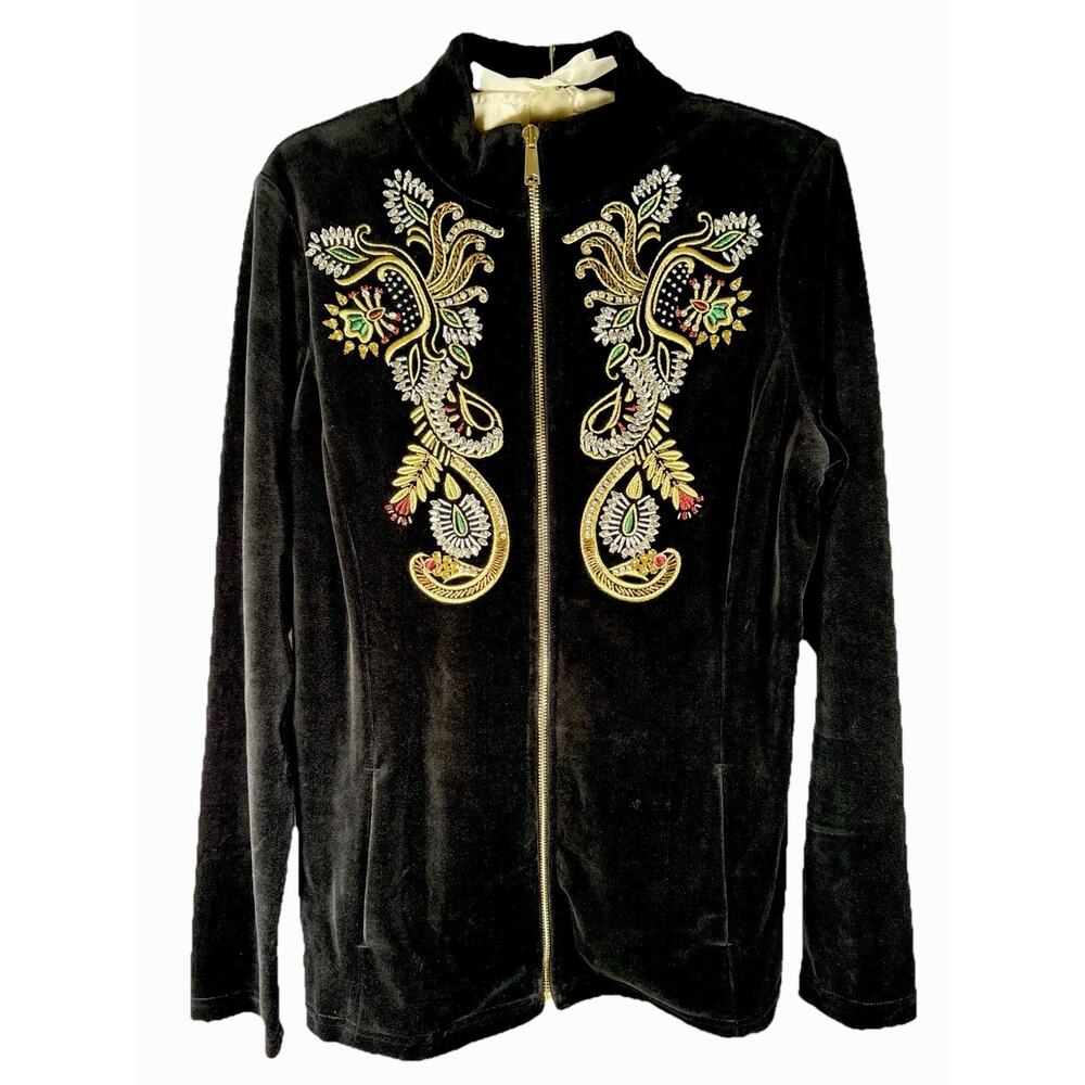 Boston Proper Women’s Black Velvet Jacket Zip Up Gold Embellish Jeweled Size Med